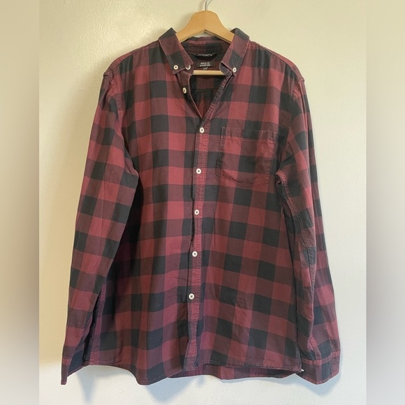 Burgundy & Black Plaid Long Sleeve Cotton Button Up Short - Picture 1 of 7